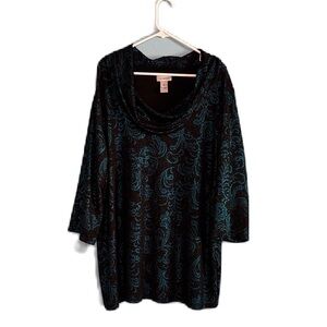 Catherines Black and Teal Turquoise Metallic Textured Cowl Neck Blouse Size 2X